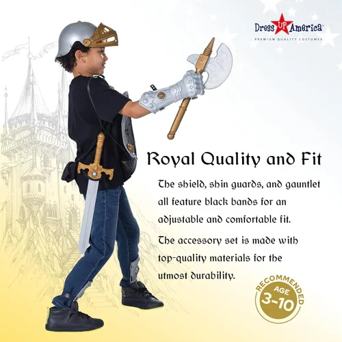 Vista 4 de Dress Up America Juego de armadura de caballero para niños, escudo medieval y casco, disfraz de caballero real para niños