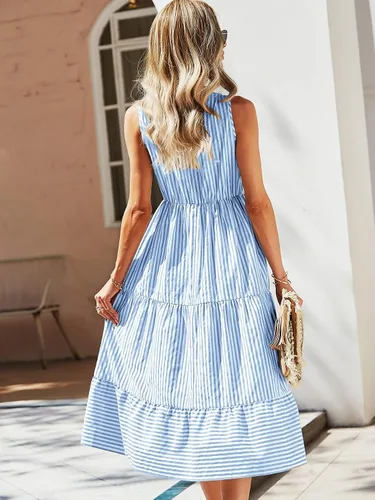 Vista 2 de Floerns Vestido midi de mujer con estampado de rayas y cuello con muescas sin mangas con volantes