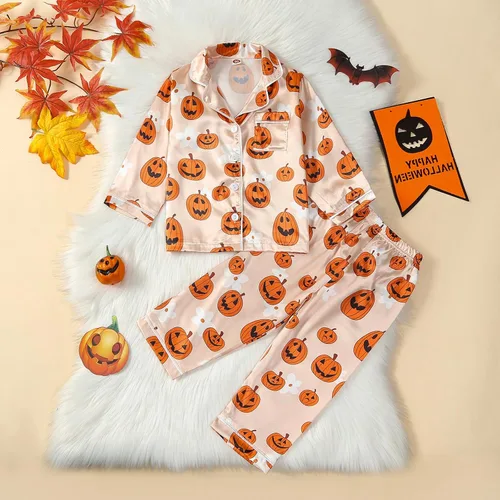 Vista 2 de Pijamas de Halloween para niños y niñas pequeñas, pijamas de seda de calabaza, manga larga, con botones, pantalones y 2 piezas