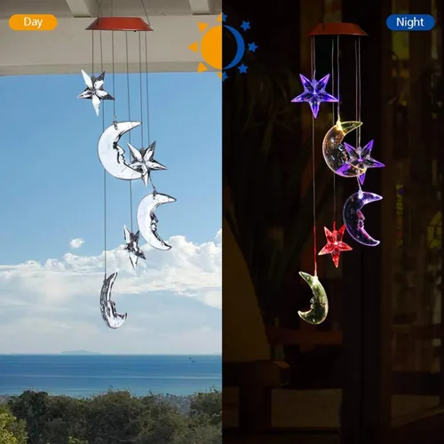 Vista 7 de Campanilla de viento LED solar de luna y estrella, cambiante de color, impermeable, seis luces colgantes, campanillas de viento, móvil solar