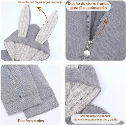 Vista 2 de Simplee Kids Enterizo con diseño de conejo de Pascua con capucha, para bebé, overol con cremallera y orejas largas A-a-gris
