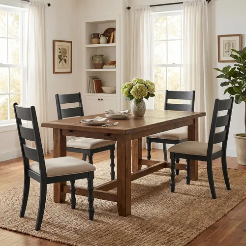 Vista 7 de Kmax Juego de 2 sillas de comedor de granja, silla de cocina rústica tapizada con respaldo de escalera, silla de madera natural con patas de columna