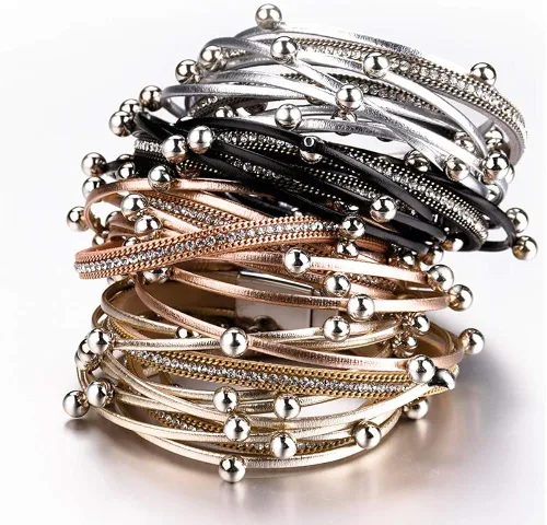Vista 3 de Fesciory - Pulseras envolventes de cuero para mujer, brazalete de cuentas de cristal de leopardo, bohemia, multicapa