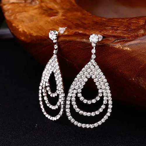Vista 5 de Pendientes largos de plata con diamantes de imitación, pendientes de lágrima para novia, joyería de boda