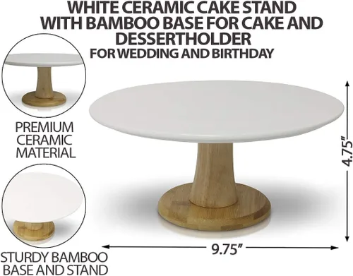 Vista 8 de Soporte de cerámica blanca para tartas con base de bambú, soporte para pasteles y postres para bodas y cumpleaños, decoración de cocina y hogar
