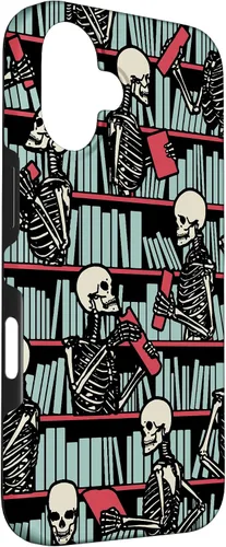Vista 3 de iPhone 16 Bookish Public Library Skeleton Goth Librarian Books Pattern Case
