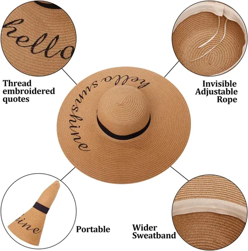 Vista 2 de Double Couple Womens Straw Hat Wide Brim Floppy Beach Sun Hat for Women UPF 50+ Adjustable Strap Vacation