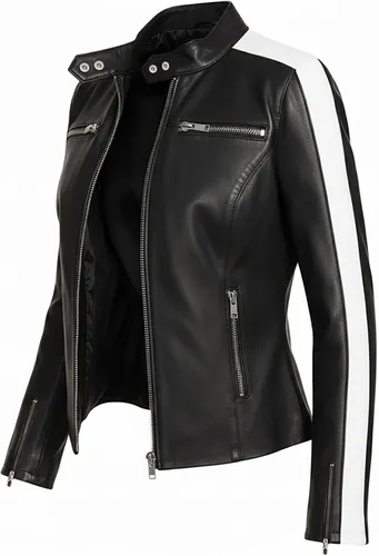 Vista 4 de Womens Racing Style Black Lambskin Leather Jacket - Cafe Racer Retro Biker White Stripes Vintage Motorcycle Jacket
