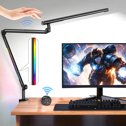 Vista 8 de Lámpara de escritorio LED con abrazadera, lámpara de escritorio de arquitecto con control remoto, luz de escritorio de brazo oscilante flexible