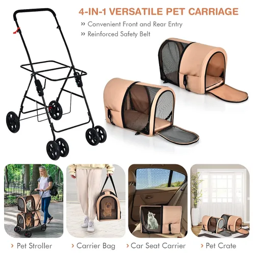 Vista 2 de Giantex Cochecito doble para mascotas con 2 bolsas de transporte desmontables, cinturón de seguridad, 4 ruedas con bloqueo, cochecito plegable