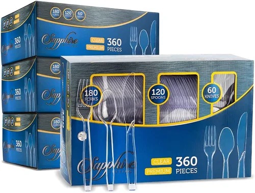 Vista 8 de Party Bargains Juego de cubiertos desechables [zafiro] - [120 unidades] Juego de cubiertos desechables transparentes, resistentes y sólidos