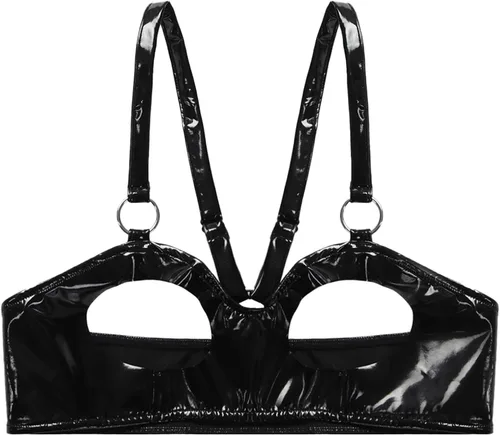 Vista 5 de easyforever Arnés de charol para mujer, cadenas de brasier, brasier de pecho descubierto con aros, brasier de estante push up