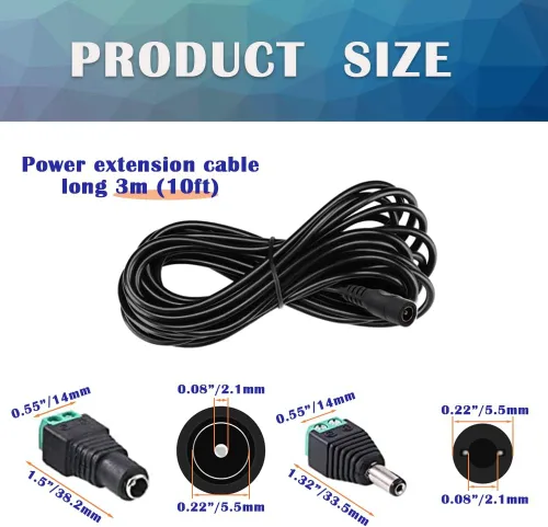 Vista 2 de 2 cables de extensión de alimentación CC de 10 pies (9.8 ft) de 12 V con conectores adaptadores de conector de alimentación (2 x macho + 2 hembra)