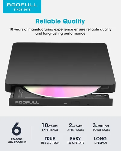 Vista 7 de ROOFULL Unidad externa de CD/DVD USB 3.0 y USB-C, ultrafina de 0.5 pulgadas, reproductor de CD y DVD de alta velocidad, grabador para computadora