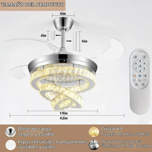 Vista 2 de Ventilador de techo de cristal de 42 pulgadas con luces, moderno ventilador de techo con control remoto, ventilador de techo retráctil invisible