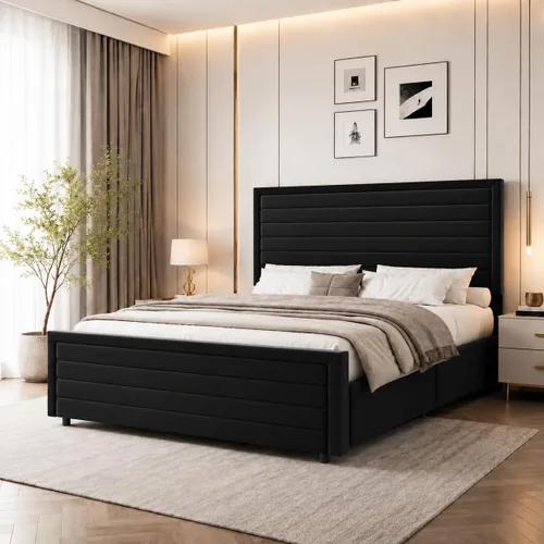 Vista 9 de REVOMINCA Armazón de cama tamaño completo (Full Size), plataforma tapizada con cabecera y pie de cama de terciopelo, base de colchón con listones