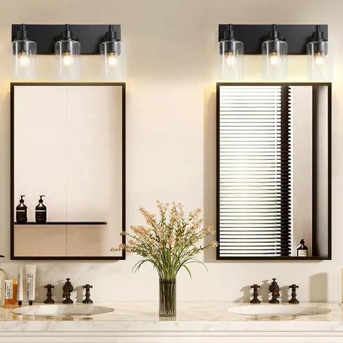 Vista 2 de LOUSACE Lámpara de tocador de baño de 3 luces, lámparas de baño negro mate sobre el espejo, iluminación moderna de baño con pantalla de vidrio