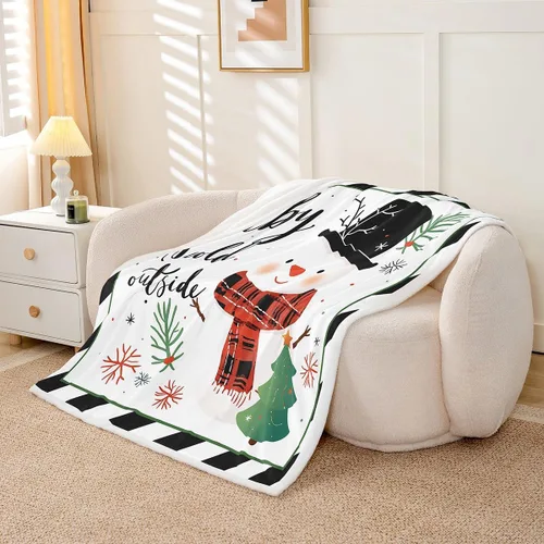 Vista 3 de Manfei Manta de Navidad con árbol de Navidad, muñeco de nieve, copo de nieve, para decoración de habitación de niños y niños, manta de rayas blancas