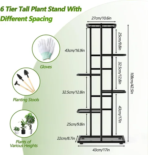 Vista 3 de Soporte de metal para plantas de 6 niveles y 7 macetas para interiores con herramientas de jardinería y guantes, organizador de estantes altos