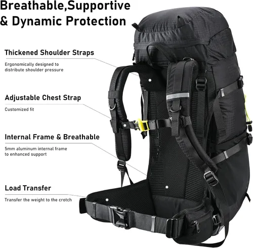 Vista 3 de N NEVO RHINO Mochila de senderismo con marco interno 40L con cubierta de Negro