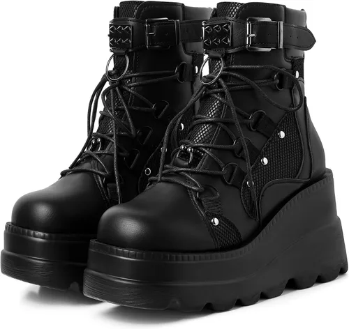 Vista 10 de mikarka Botas holográficas de plataforma para mujer, con cordones en el tobillo, con tachuelas y hebilla, góticas, de cuña apilada, botines de Cuña