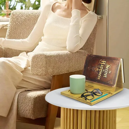 Vista 6 de ZenRich Soporte de madera de bambú para libros, valet de lectura único de rincón de libros con taza, gafas y soporte para bolígrafo/tableta/Kindle.