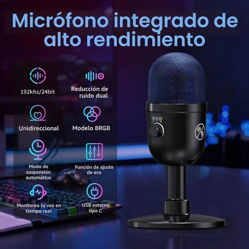 Vista 2 de Micrófono USB para PC – Micrófono para juegos de computadora con iluminación RGB para PS 4 y 5, mezcla de audio dual, silencio, salida