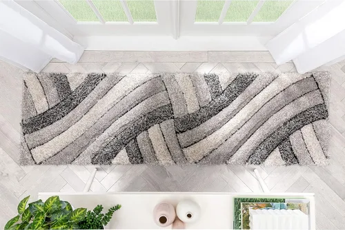 Vista 8 de Tapete peludo de felpa suave con textura en 3D, diseño de rayas geométricas, color azul y gris, grueso y suave