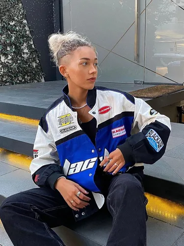 Vista 3 de Aelfric Eden Chaqueta de motocicleta para hombre, chaqueta de béisbol Blackair Moto Varsity para mujer, abrigos vintage