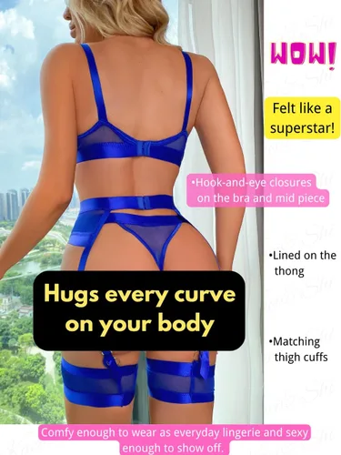 Vista 3 de Kaei&Shi - Lencería con liguero para mujer, conjunto de encaje traslúcido y sexy de 4 piezas combinadas