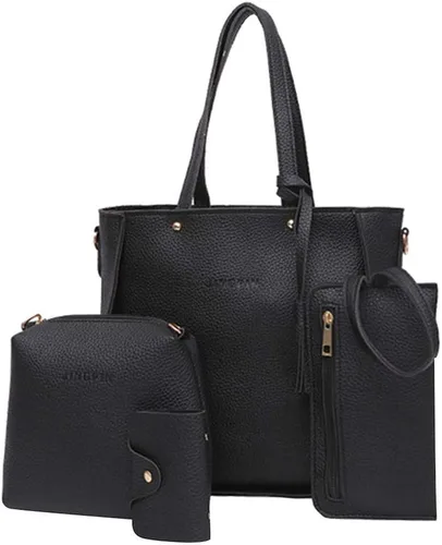Vista 2 de Bolso negro para mujer tamaño pequeño moda 2022 4 piezas bolso de hombro Hobo para mujer bolso de mano de cuero bolso de mensajero dorado