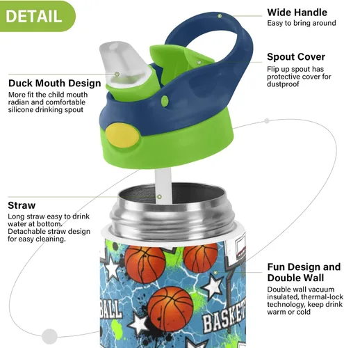 Vista 4 de Stars Basketball - Botella de agua aislada para niños y niñas con tapa de pajilla, vaso de acero inoxidable de 12 onzas, a prueba de fugas, sin BPA