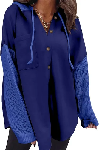 Vista 23 de SHEWIN - Sudadera de gran tamaño para mujer, de ajuste holgado, casual, manga larga, con botones, con capucha y bolsillos a gris