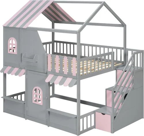 Vista 4 de Harper & Bright Designs Litera de casa completa con escalera de almacenamiento y estantes, marco de cama de madera con diseño de casa