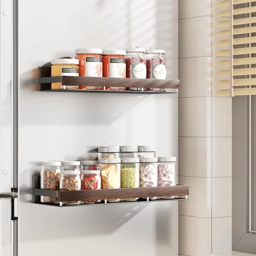 Vista 2 de Organizador magnético de especias de nogal para refrigerador, soporte de pared, estante de especias magnético para refrigerador, organizador