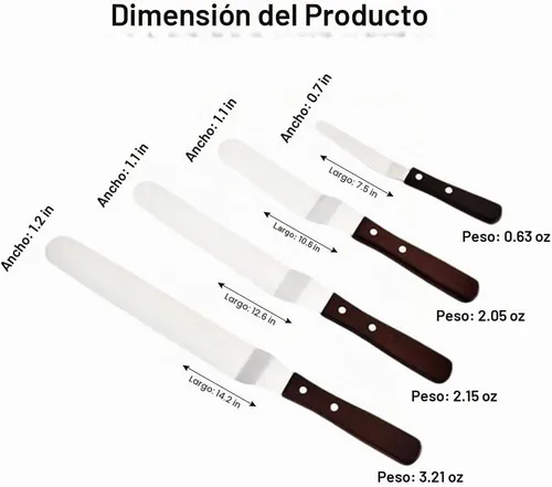 Vista 2 de Juego de 4 espátulas profesionales de acero inoxidable para decoración de tartas, hoja flexible resistente con mango de madera de 4 a 6 a 8 pulgadas