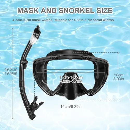 Vista 6 de Snorkeling Gear for Adults, Mask Fins Snorkel Set, Panoramic View Diving Mask Anti-Fog, Anti-Leak, Dry Top Snorkel and Dive Flippers with Travel Bag