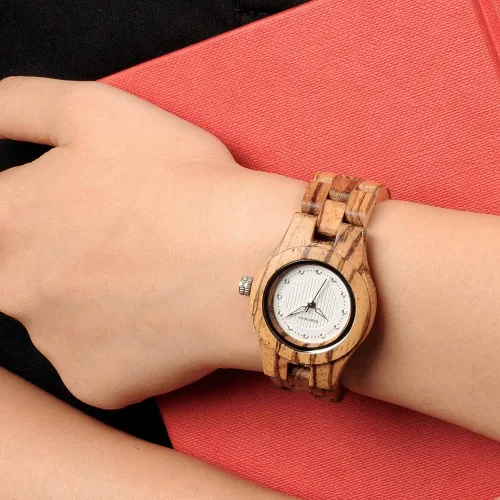 Vista 2 de BOBO Bird Reloj de madera de bambú para mujer, gemas de imitación de diamante, caballero, relojes de madera de cuarzo con caja de regalo