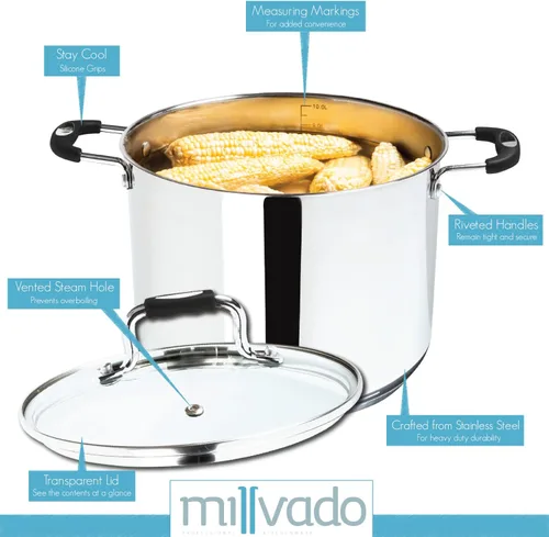 Vista 2 de Millvado Olla grande de acero inoxidable de 11 cuartos de galón, olla de cocción grande, tapa de vidrio transparente y marcas de medición, orificio