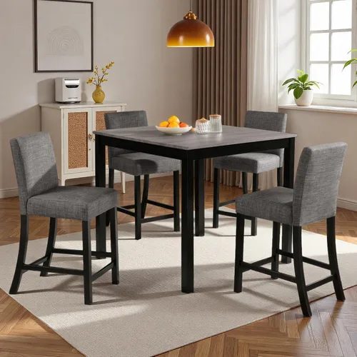 Vista 3 de Juego de mesa de comedor de 5 piezas para 4, juego de cocina de altura de mostrador con mesa cuadrada de madera y 4 sillas, sillas de sala