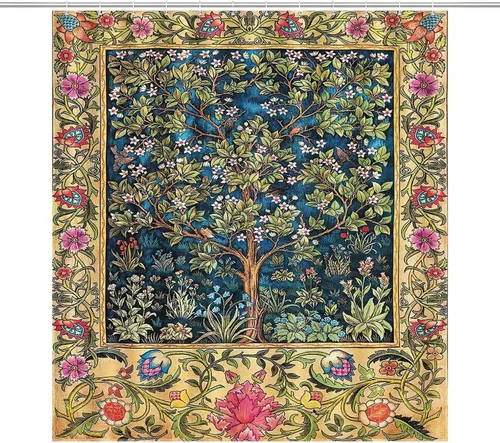 Vista 42 de Cortina de ducha con 12 ganchos para baño, 72 x 72 pulgadas, diseño floral bohemio con hojas tropicales retro y florales (bohemio floral-1)