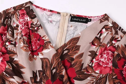 Vista 6 de MINTLIMIT Vestido vintage de los años 50 con cuello en V y media manga para mujer, vestido de cóctel retro acampanado liso