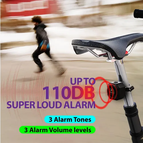 Vista 3 de Fosmon Alarma de bicicleta recargable USB-C con control remoto, impermeable IP55, inalámbrica, sensor de vibración y movimiento de 110dB, sistema