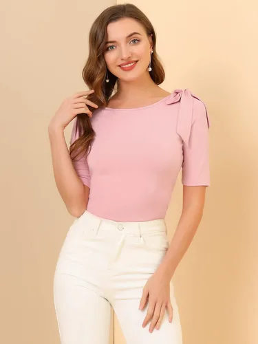 Vista 3 de Allegra K Blusa de verano con cuello barco y manga de codo para mujer