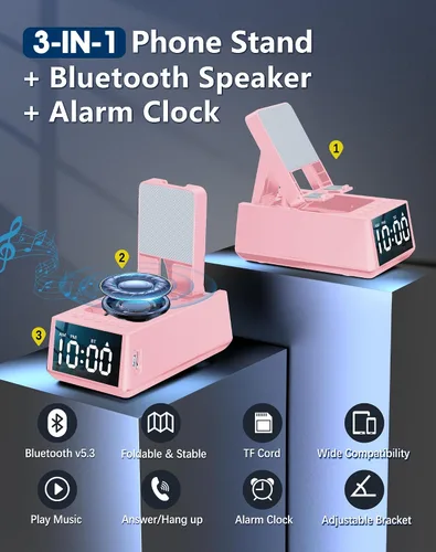 Vista 2 de Regalos de cumpleaños para mujeres, soporte de teléfono con altavoz Bluetooth con sonido y reloj HD, soporte inalámbrico ajustable para teléfono Rosa