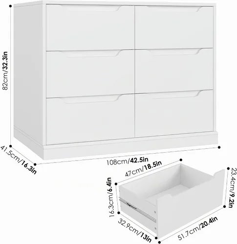 Vista 3 de Hostack - Cómoda moderna de 6 cajones para dormitorio, cómoda doble de madera con almacenamiento, organizador de almacenamiento de madera grande