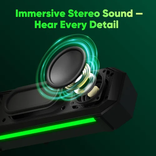 Vista 3 de INGA Altavoces de computadora con micrófono desmontable, barra de sonido USB Plug-and-Play con iluminación dinámica, modos de juego/música