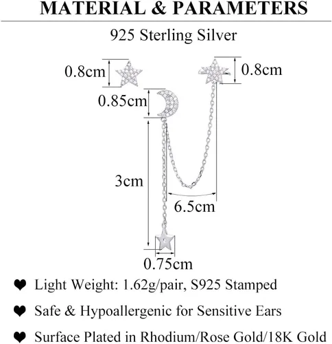 Vista 7 de SLUYNZ - Aretes de plata esterlina 925 para mujer, asimétricos, aretes de estrella y luna, cadena con dije