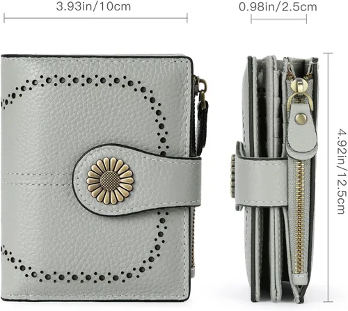 Vista 3 de SENDEFN Cartera pequeña de cuero plegable para mujer, con bloqueo RFID y bolsillo para monedas con cremallera, 3-Natural-Gris-2, Compacto