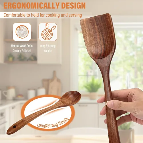 Vista 5 de Juego de utensilios de cocina de madera, cucharas de madera de teca resistentes al calor para cocinar (9 piezas con soporte)